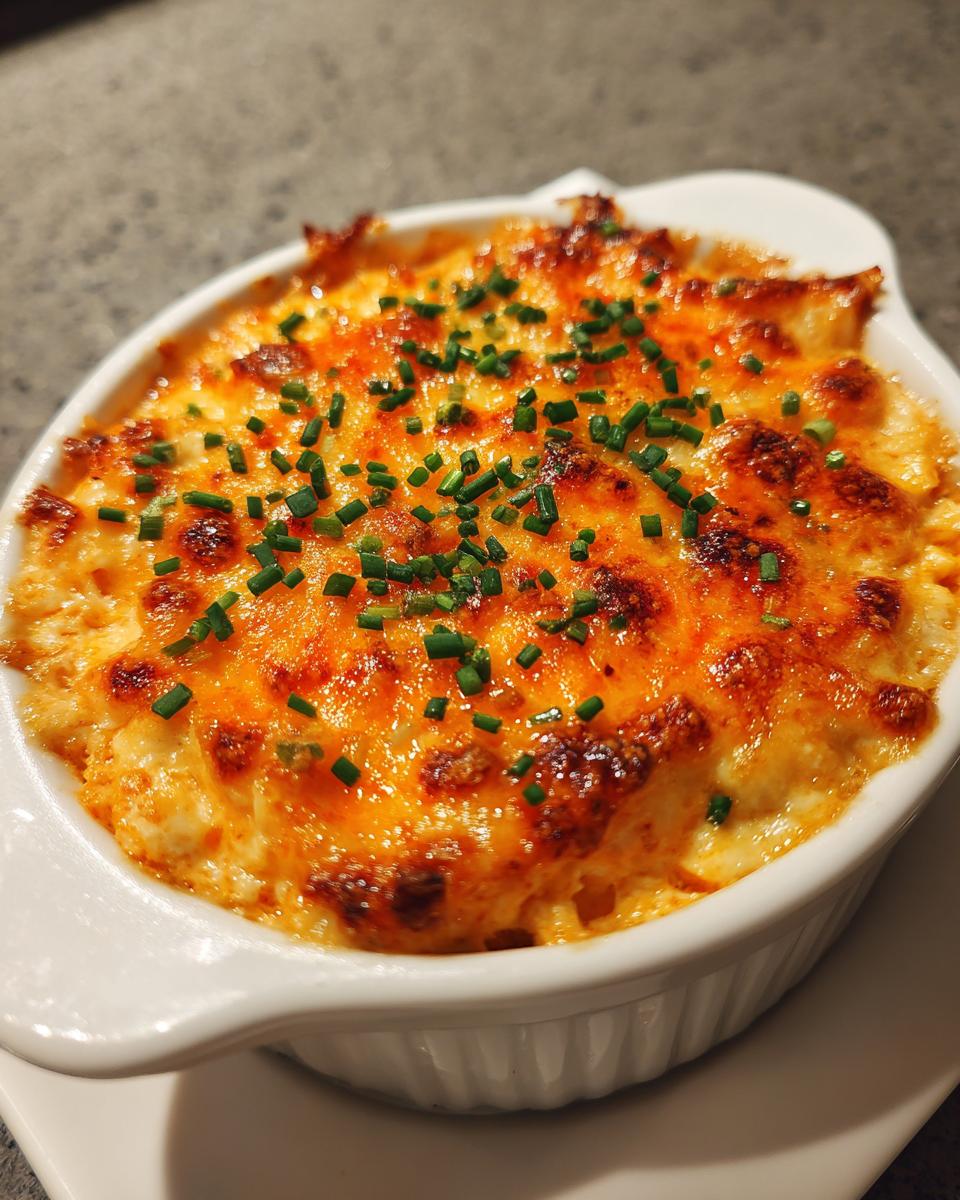 Close-up of a bubbling Party Buffalo Chicken Dip in a white ramekin, topped with melted cheese and fresh chives.