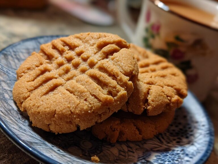 Close-up of three classic peanut butter cookies with fork marks on a blue and white patterned plate.