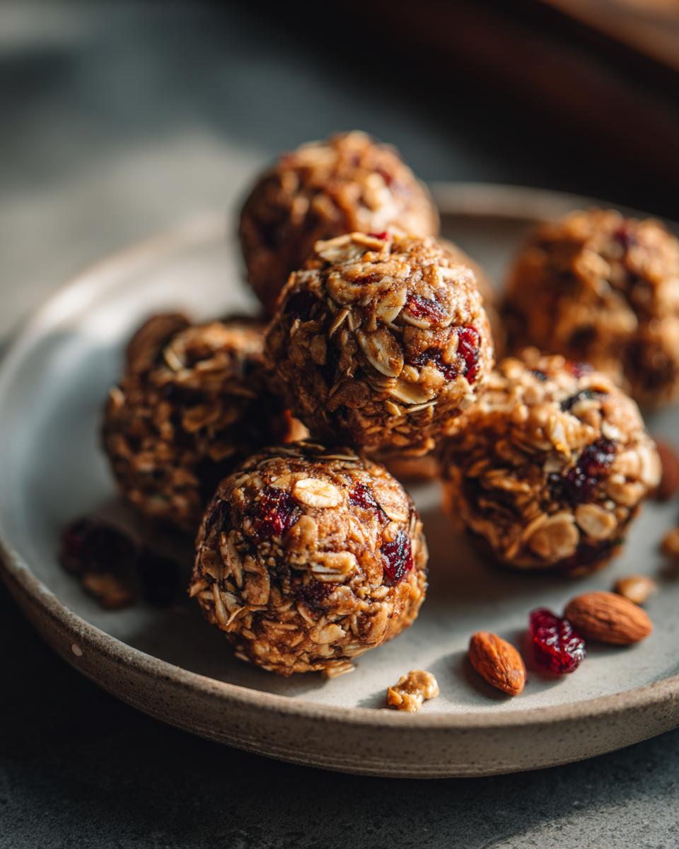 Close-up of several peanut butter oatmeal energy bites with dried cranberries and almonds on a ceramic plate.