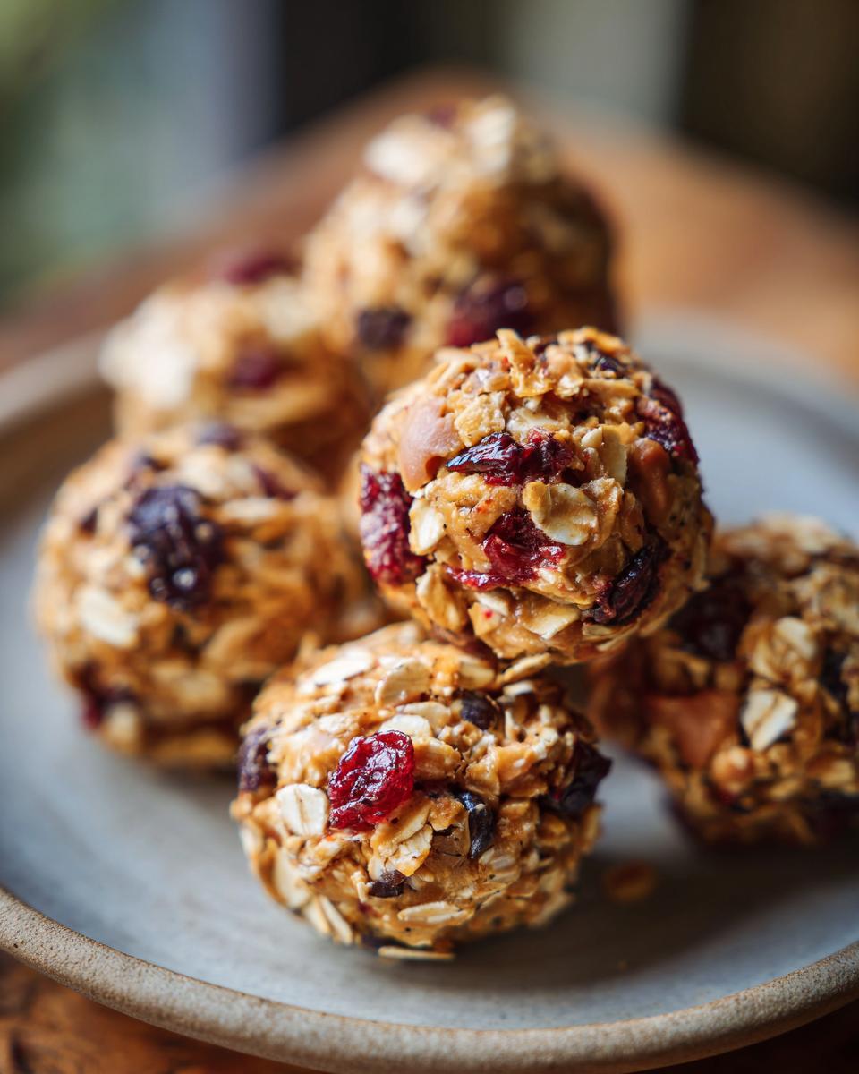 A close-up of a stack of homemade peanut butter oatmeal energy bites with dried cranberries and oats.
