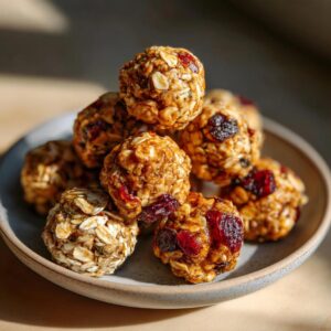 A stack of delicious peanut butter oatmeal energy bites with visible oats and dried cranberries on a plate.