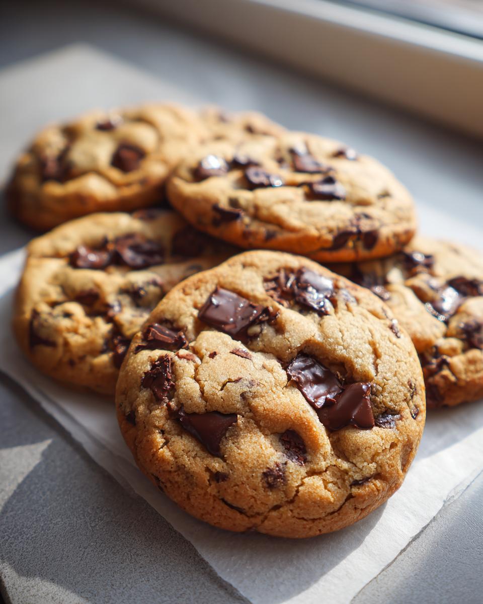 A close-up view of several perfect chocolate chip cookies, generously studded with dark chocolate chunks.