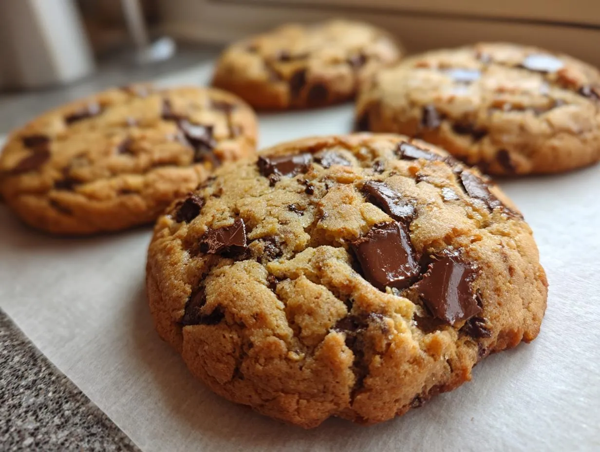 Close-up of a perfect chocolate chip cookie, showcasing melty chocolate chunks and a golden-brown texture.