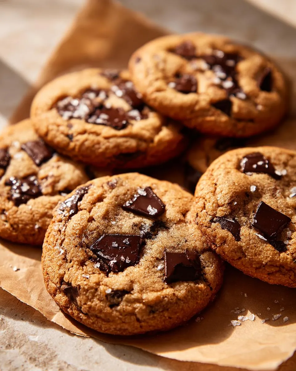A close-up of several perfect chocolate chip cookies, generously studded with dark chocolate chunks and sprinkled with sea salt.