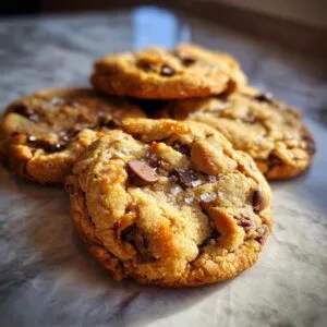 Close-up of perfect chocolate chip cookies sprinkled with sea salt, showcasing rich chocolate chunks.