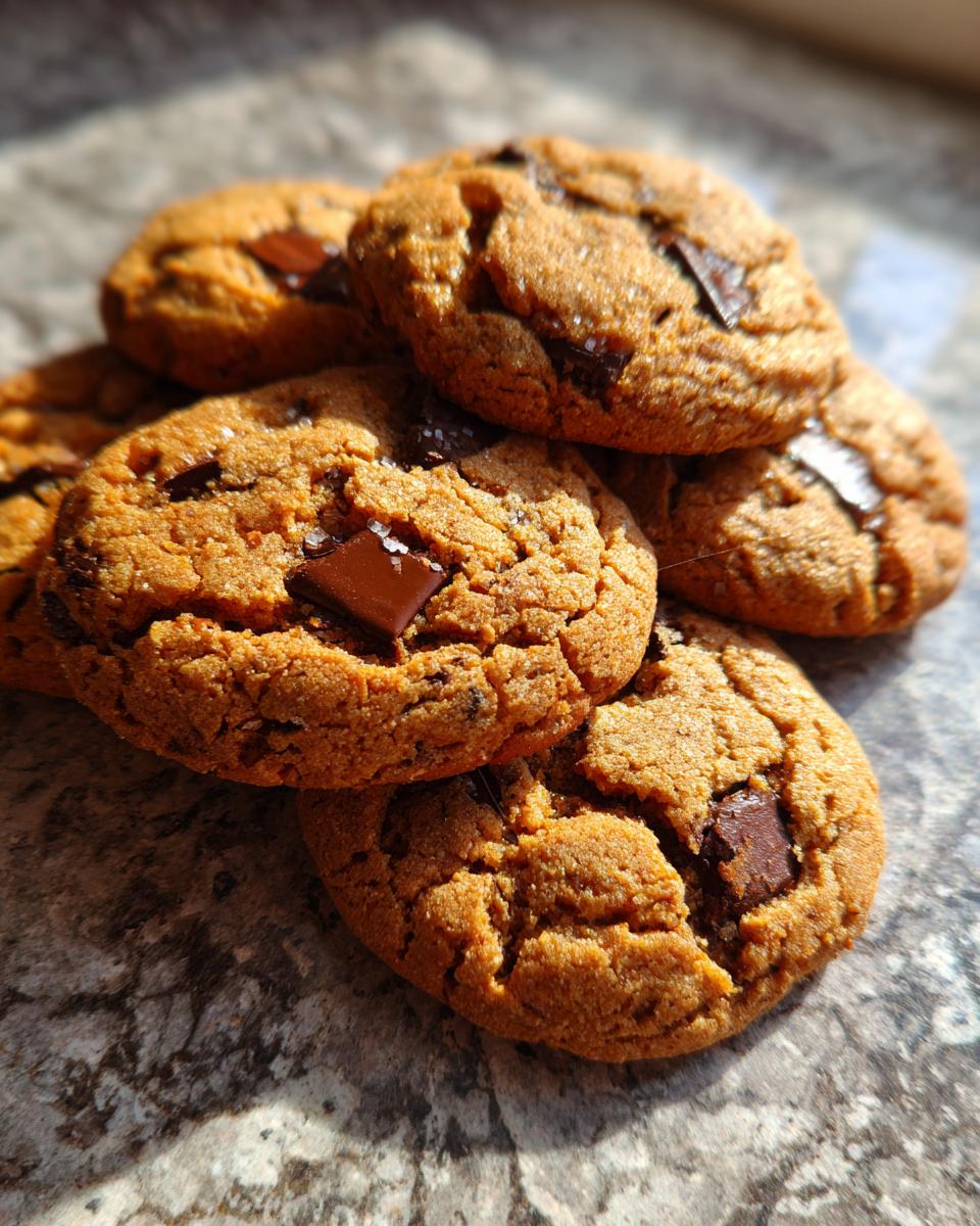 A close-up, overhead view of a stack of perfect chocolate chip cookies, showcasing chunks of dark chocolate and a slightly crisp texture.