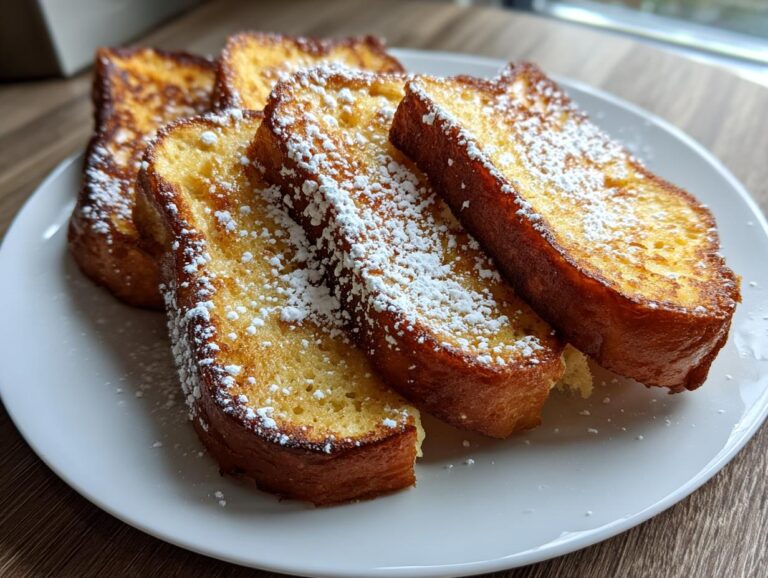 A plate of perfectly golden French toast slices, dusted generously with powdered sugar.