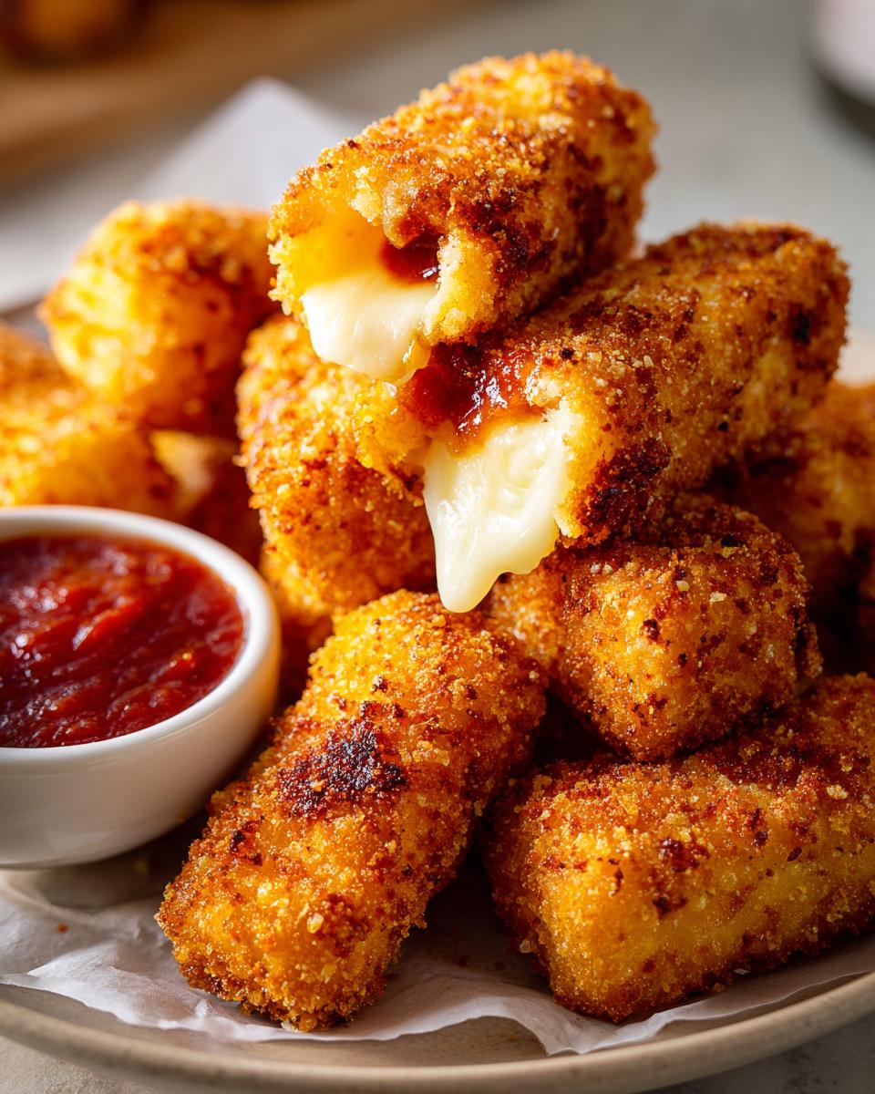 A stack of golden-brown, crispy mozzarella sticks with gooey, melted cheese oozing out, served with marinara sauce.