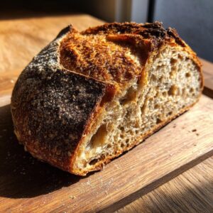 A close-up of a perfectly baked sourdough bread loaf, showcasing its golden-brown crust and airy crumb.