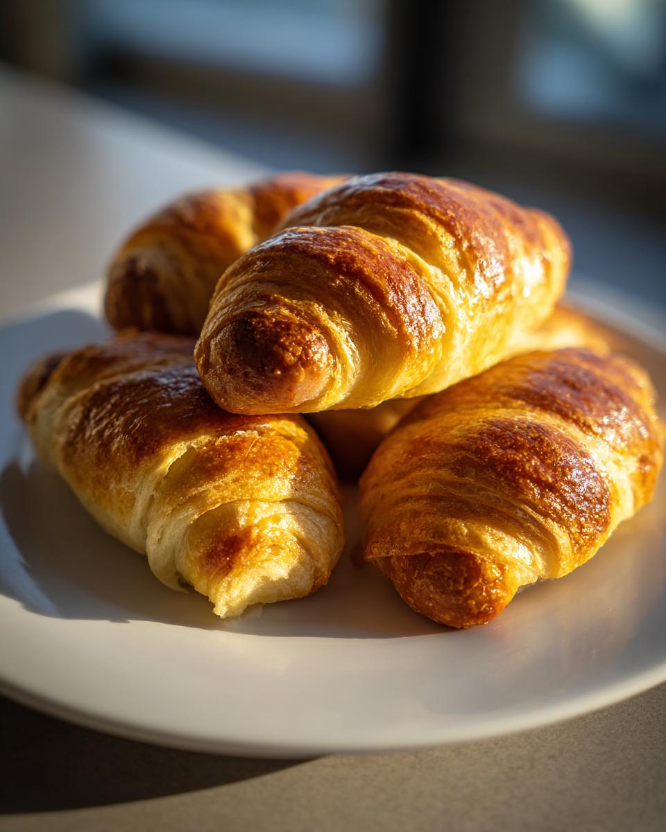 A stack of golden brown, flaky croissants, perfect for pigs in a blanket.