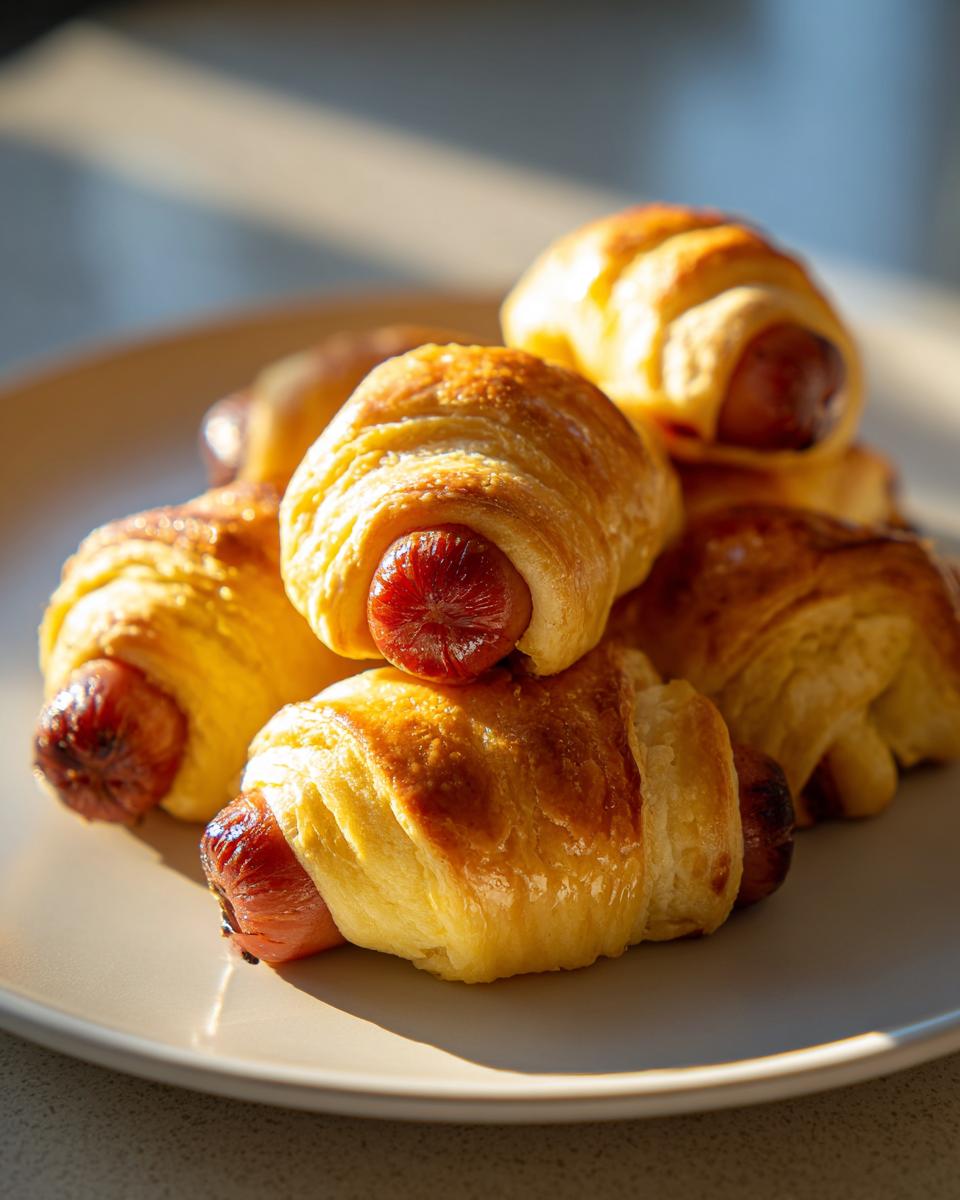 A close-up of a pile of golden-brown pigs in a blanket, showing the pastry wrapped around a hot dog. Perfect for appetizers.