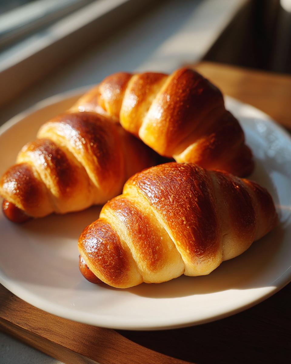 Three golden-brown pigs in a blanket, baked to perfection, resting on a white plate.