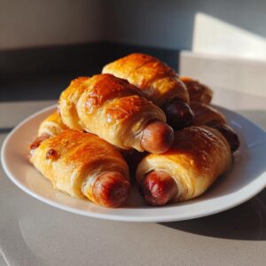 A pile of freshly baked pigs in a blanket, with golden brown pastry and visible sausage ends, on a white plate.