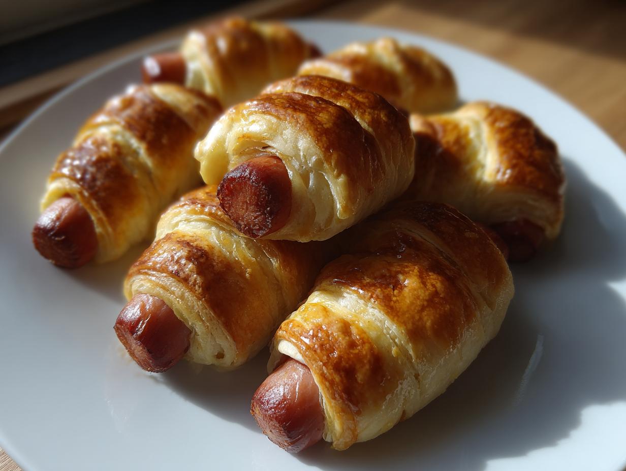 A close-up of several golden brown, flaky pigs in a blanket arranged on a white plate.