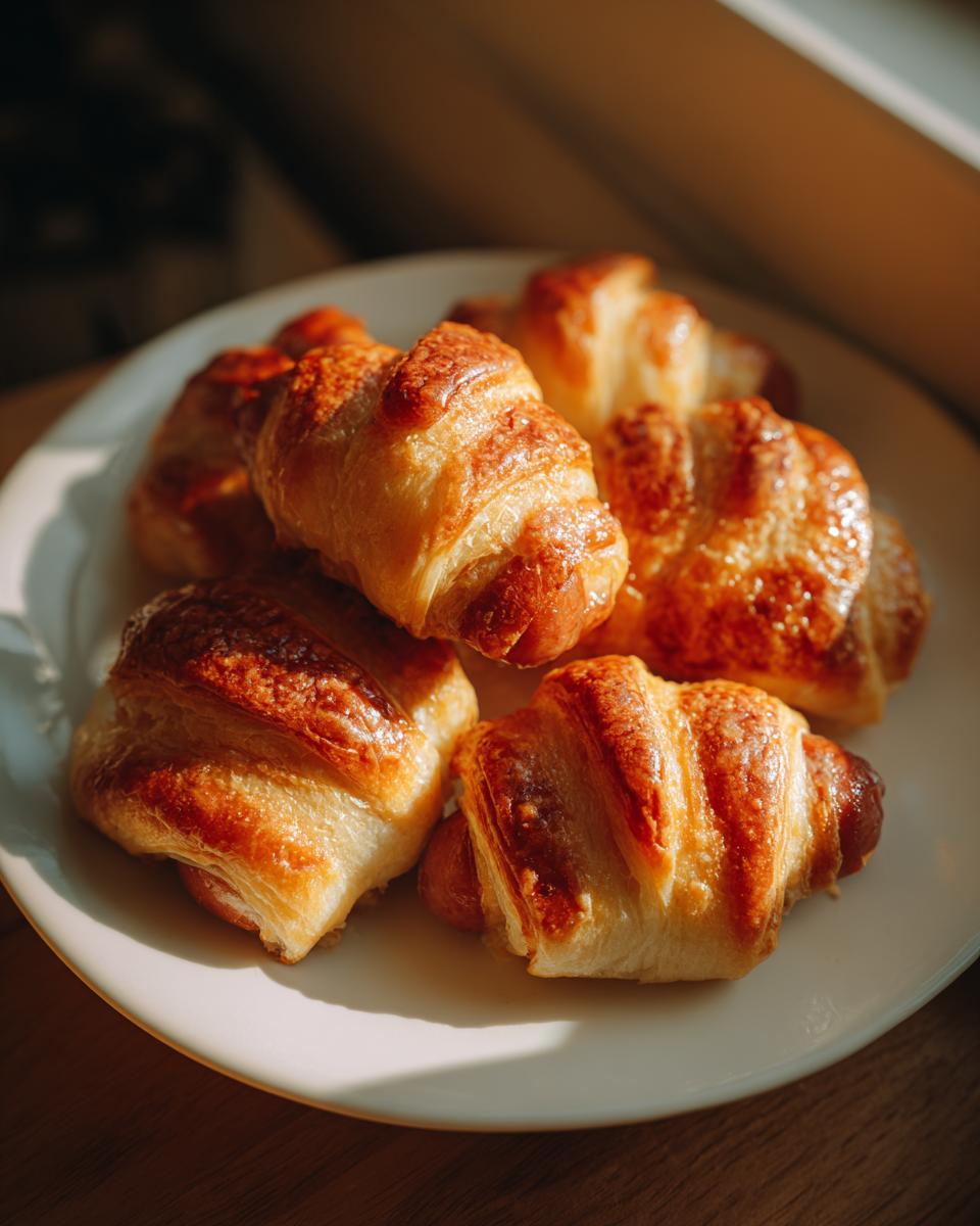 A plate of golden-brown pigs in a blanket, showing the flaky pastry wrapped around a sausage.