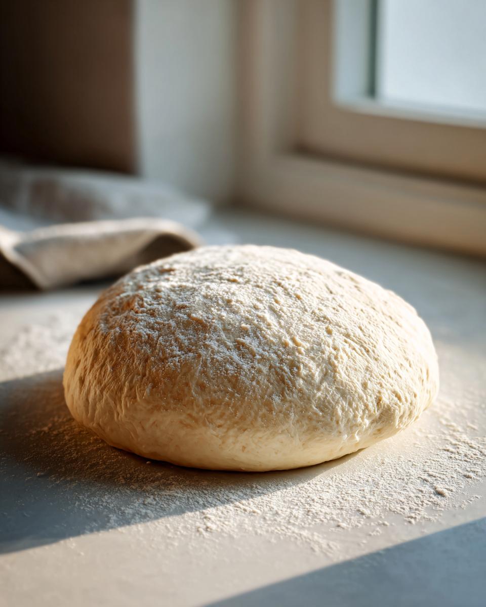 A round ball of freshly made pizza dough, dusted with flour, resting on a surface.