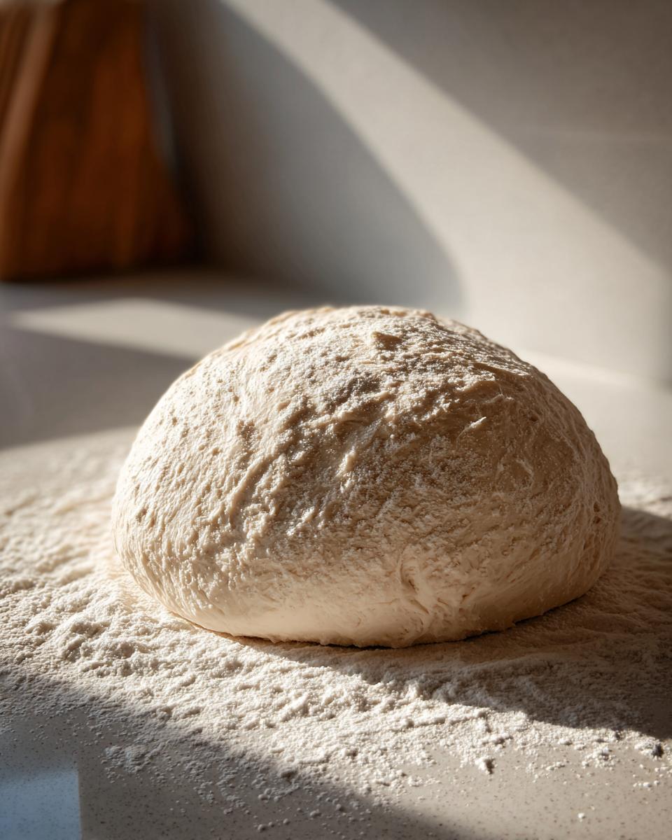 A round ball of fresh pizza dough dusted with flour, resting on a lightly floured countertop.