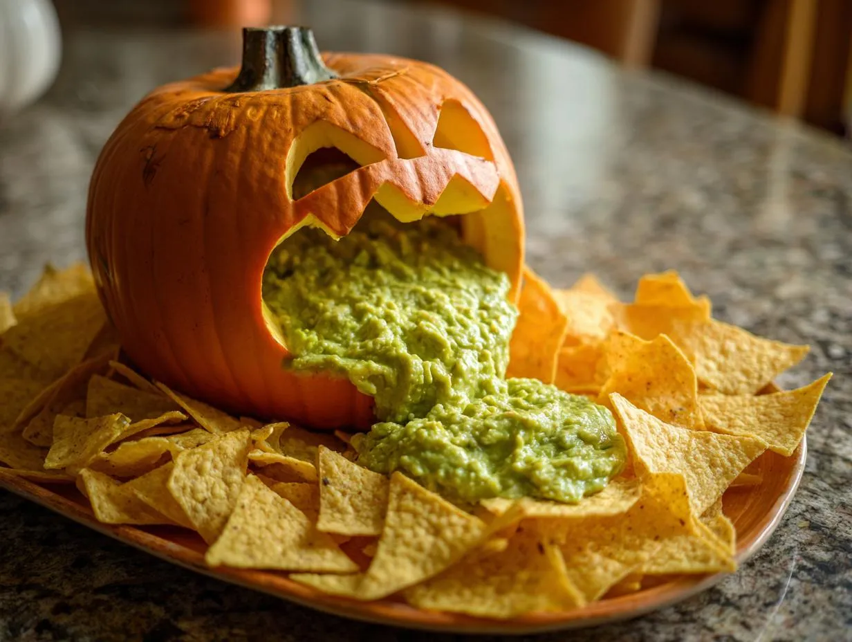 A carved pumpkin with a funny face, overflowing with green puking pumpkin dip onto a bed of tortilla chips.