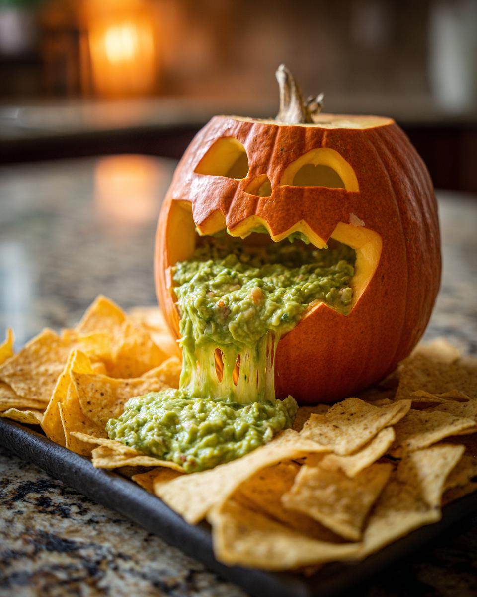 A carved pumpkin resembling a face, with guacamole "vomiting" out onto a bed of tortilla chips. This is a Puking Pumpkin Dip.