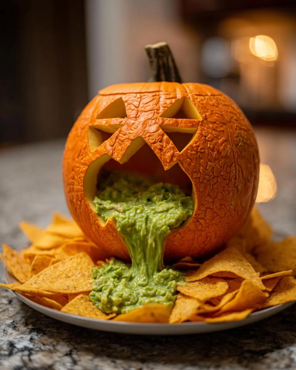A carved pumpkin with a face, appearing to vomit guacamole onto a plate of tortilla chips. This is the puking pumpkin dip.