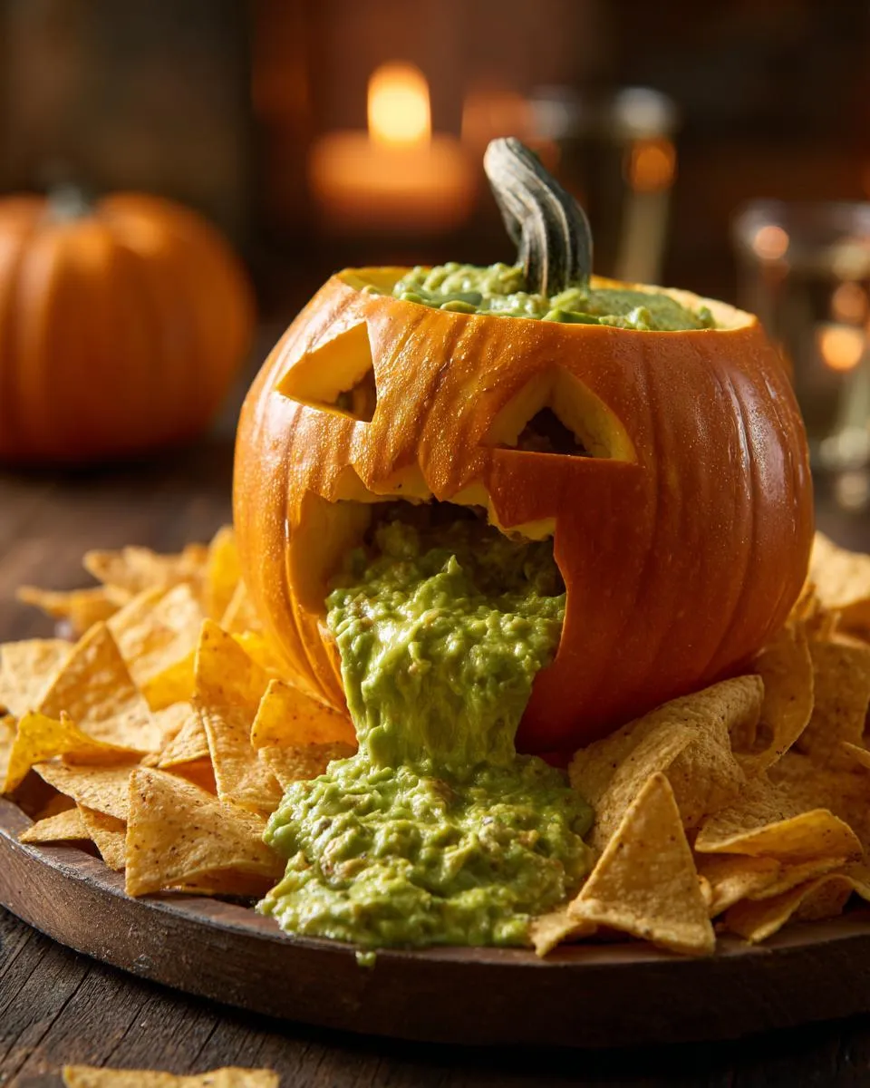 A carved pumpkin with guacamole spilling out, surrounded by tortilla chips. This is a puking pumpkin dip.