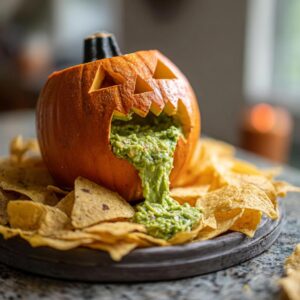 A carved pumpkin with guacamole spilling out like it's puking, surrounded by tortilla chips. This is a puking pumpkin dip.
