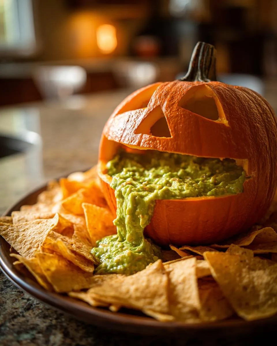 A carved pumpkin jack-o'-lantern overflowing with green puking pumpkin dip, surrounded by tortilla chips.