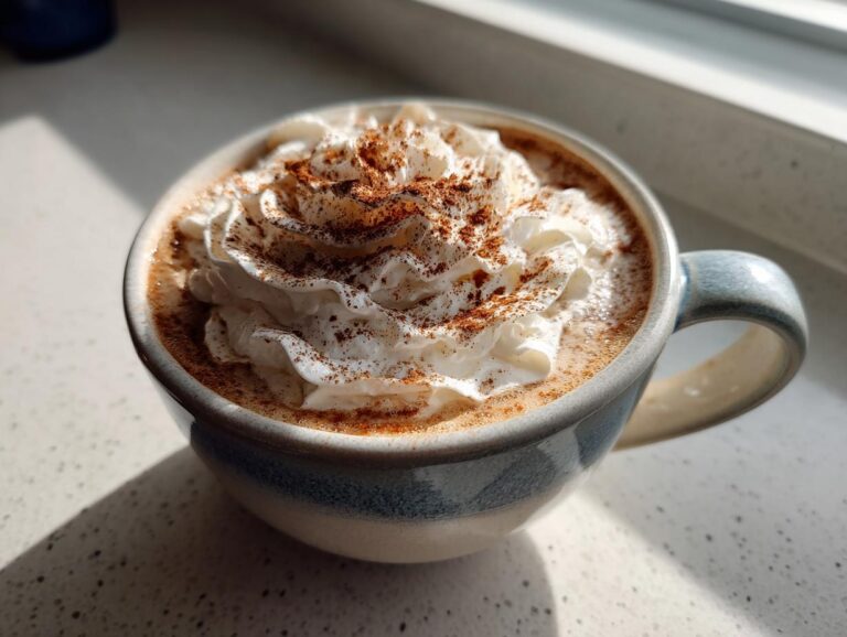 A close-up of a creamy pumpkin spice latte topped with whipped cream and a sprinkle of cinnamon.
