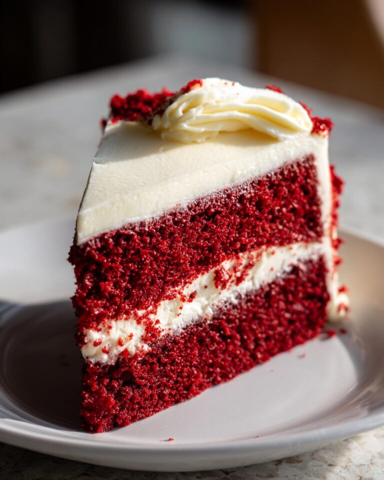 A perfect slice of red velvet cake with cream cheese frosting, showcasing its vibrant red layers.