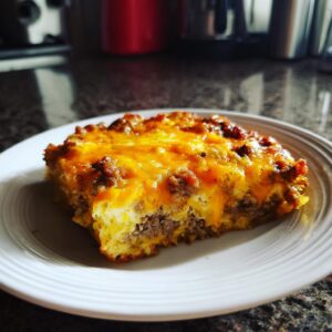 A slice of hearty sausage breakfast casserole with melted cheese on a white plate.