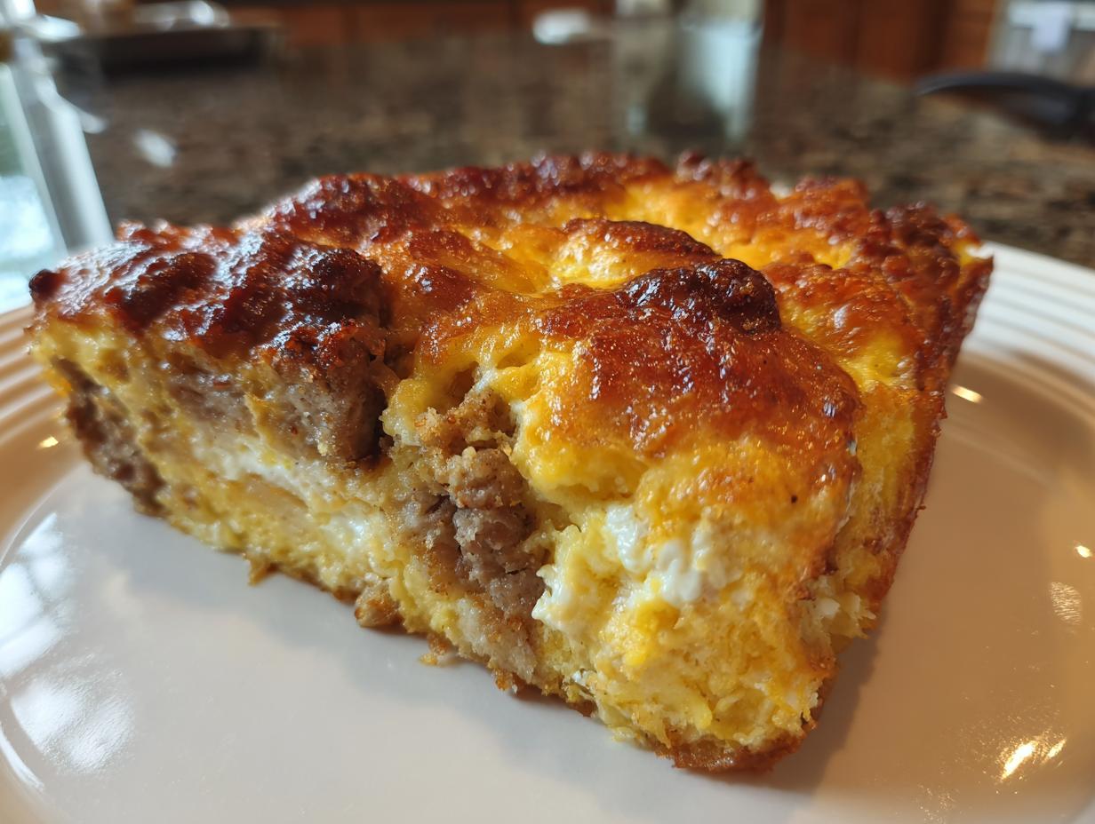 A close-up shot of a golden-brown slice of sausage breakfast casserole on a white plate.