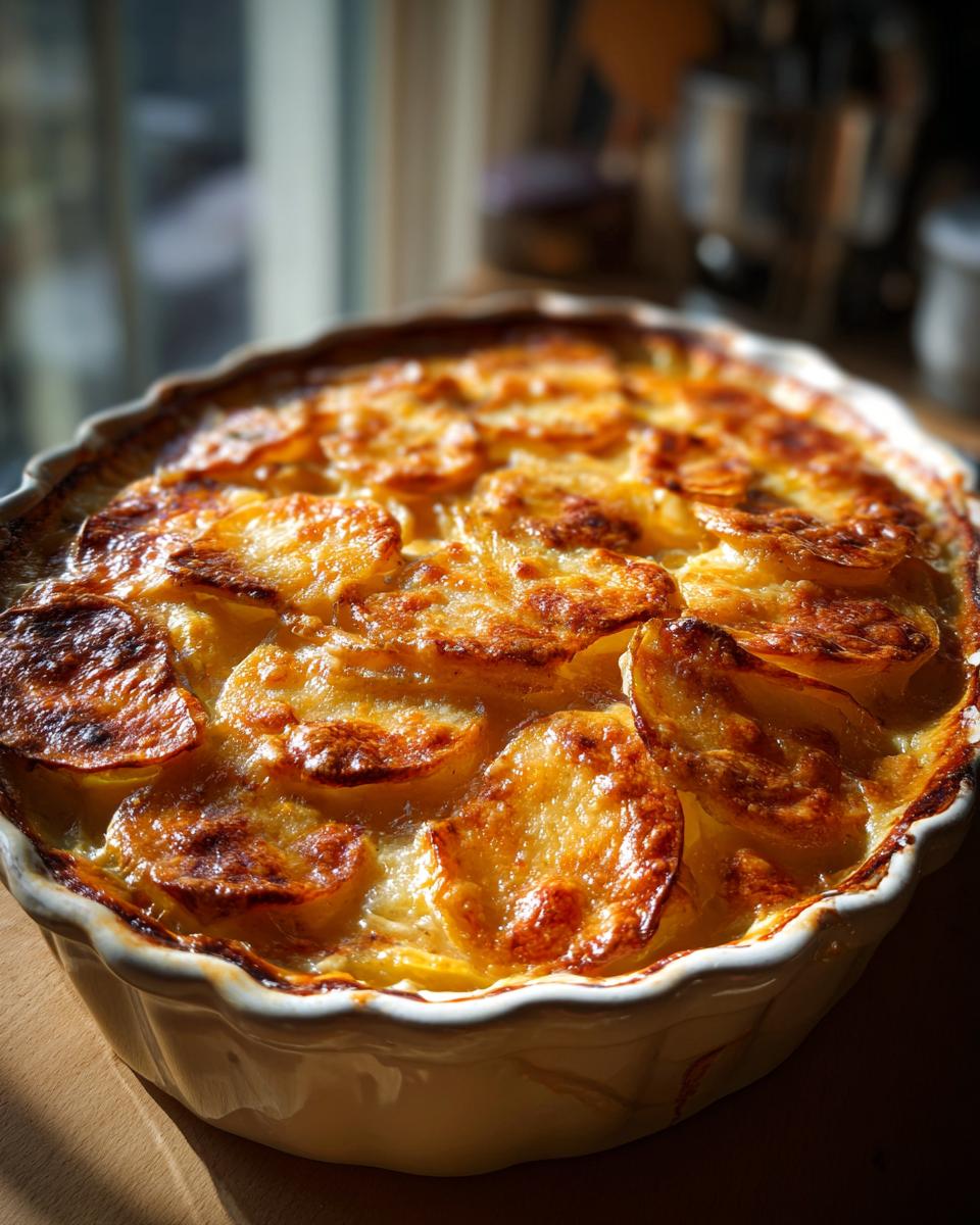 Close-up of a golden brown, bubbly scalloped potatoes bake in a white ceramic dish.