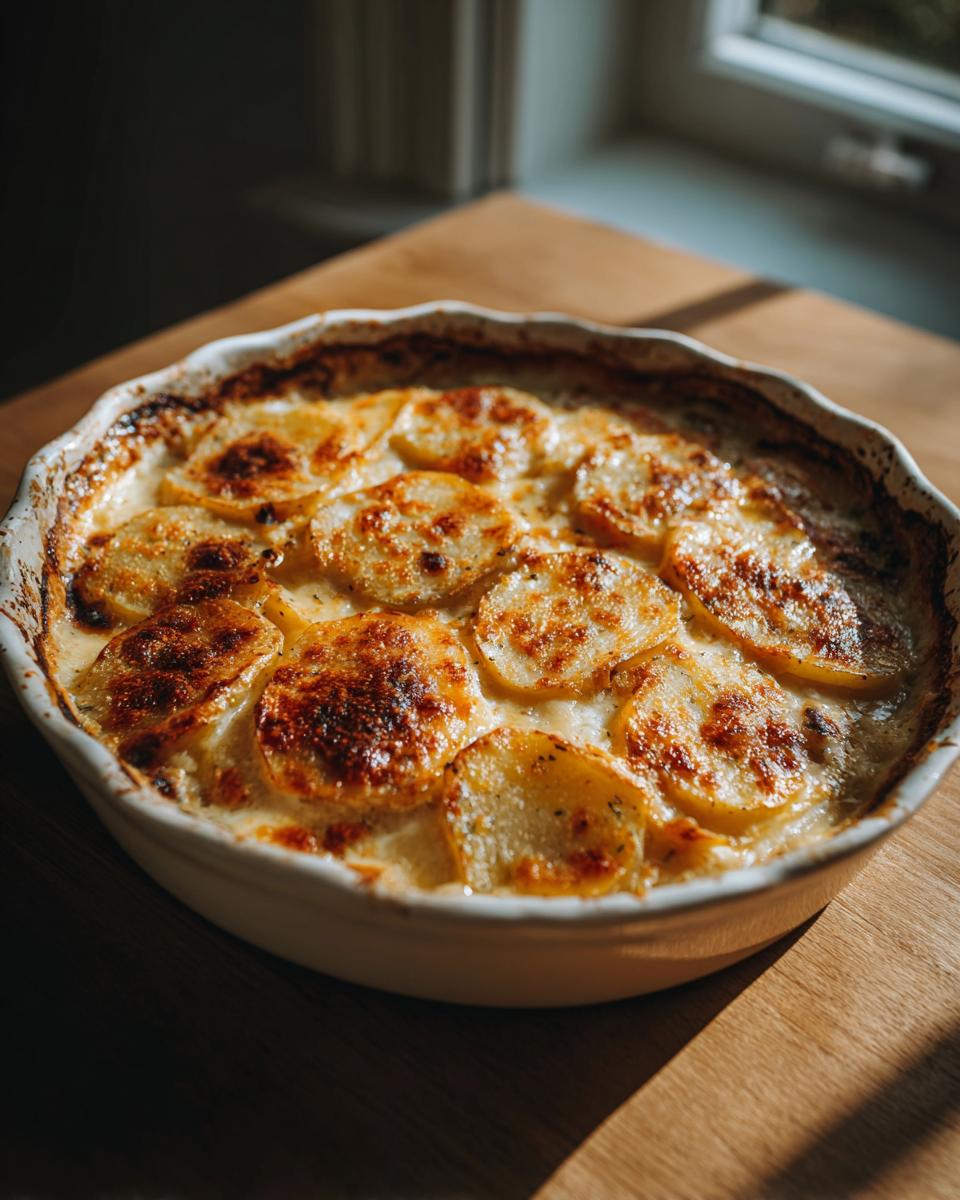 Close-up of golden-brown baked scalloped potatoes in a white baking dish, bubbling with creamy sauce.