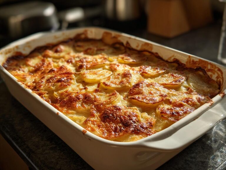 A close-up of a freshly baked scalloped potatoes casserole, golden brown and bubbling with cheese.