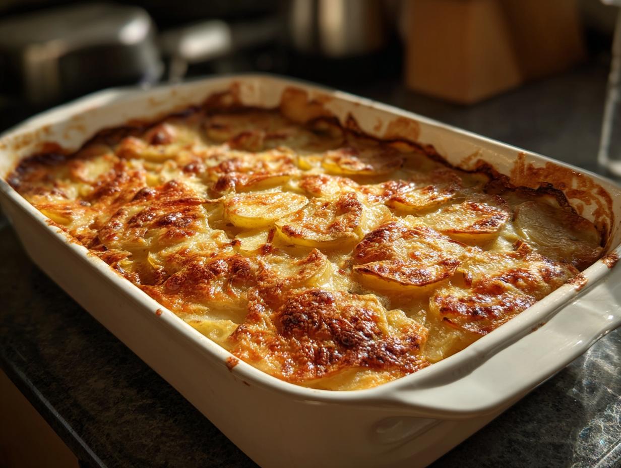 A close-up of a freshly baked scalloped potatoes casserole, golden brown and bubbling with cheese.