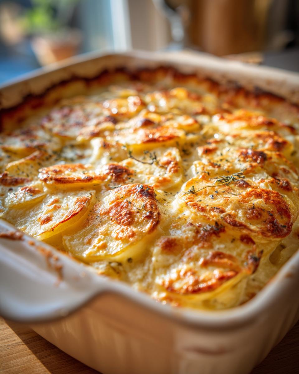 Close-up of golden brown, bubbly scalloped potatoes baked in a white casserole dish with herbs.