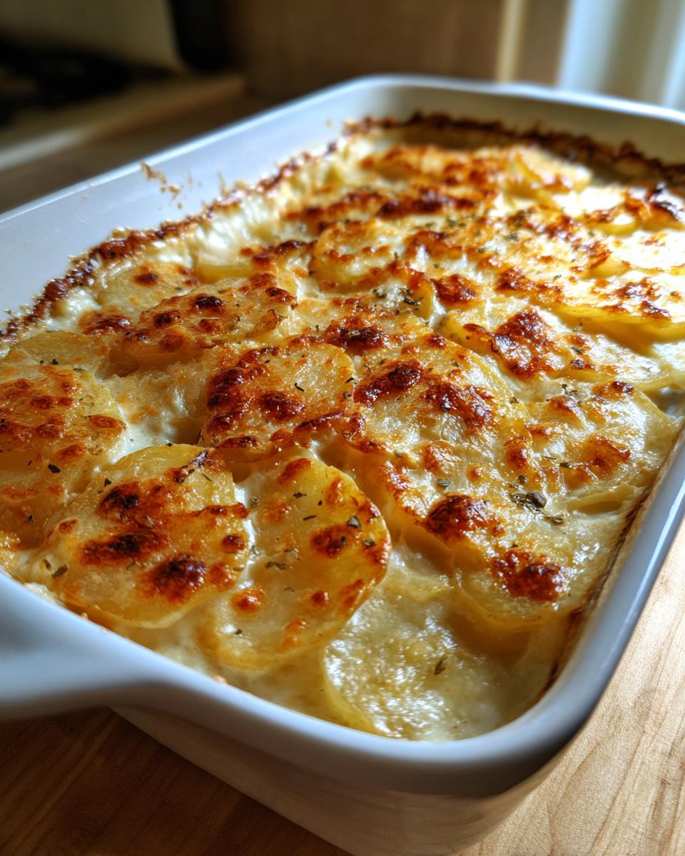 Close-up of a white baking dish filled with golden-brown scalloped potatoes, bubbling with creamy sauce.