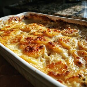 Close-up of a creamy scalloped potatoes bake in a white dish, golden brown and bubbling.