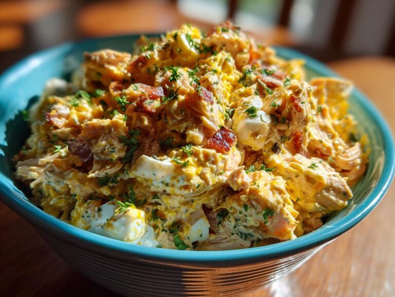 A close-up of a bowl of sensational chicken salad, featuring shredded chicken, chopped hard-boiled eggs, and crispy bacon bits, garnished with parsley.