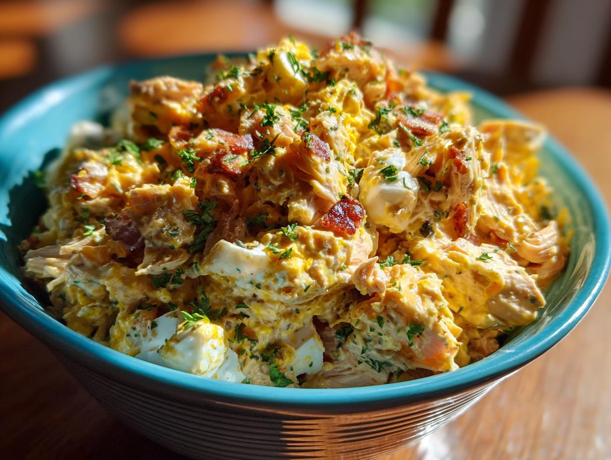 A close-up of a bowl of sensational chicken salad, featuring shredded chicken, chopped hard-boiled eggs, and crispy bacon bits, garnished with parsley.