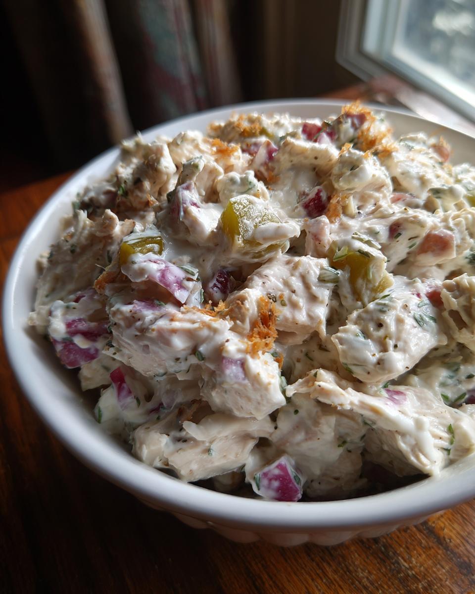 A bowl of creamy chicken salad mixed with red onion, pickles, and herbs, topped with crispy fried onions.