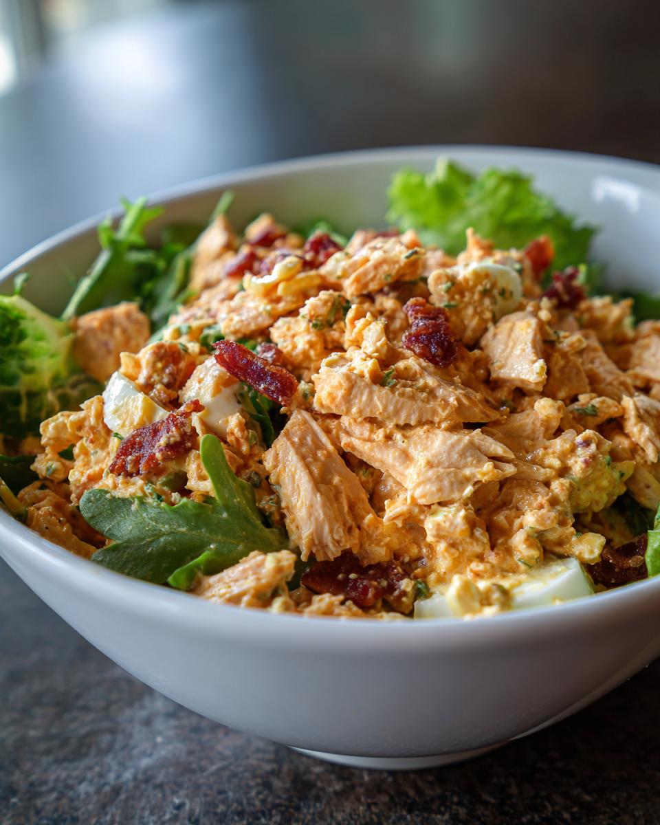 A close-up of a bowl of sensational chicken salad, featuring shredded chicken, chopped hard-boiled eggs, and crispy bacon bits on a bed of lettuce.