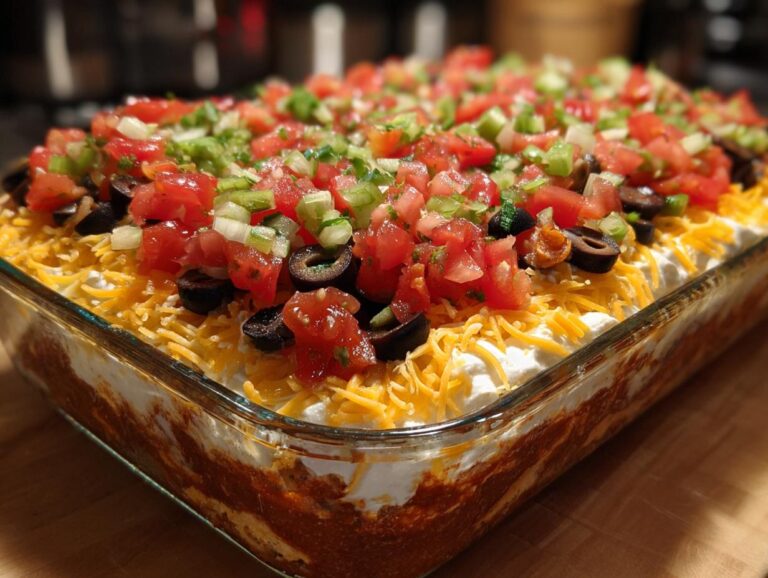A vibrant and fresh Seven Layer Dip in a glass baking dish, topped with tomatoes, olives, cheese, and green onions.
