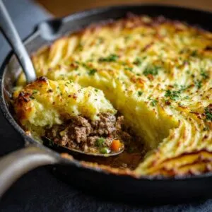 A close-up of a serving spoon lifting a portion of Shepherd's Pie, revealing the rich meat filling and fluffy mashed potato topping.