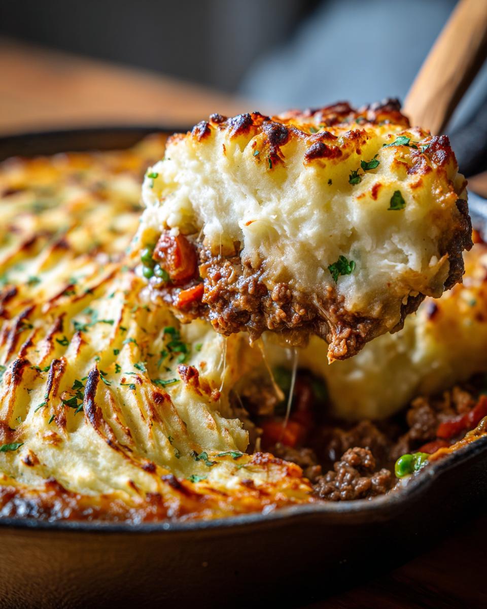 A serving spoon lifts a generous portion of Shepherd's Pie, revealing a rich meat filling and cheesy mashed potato topping.