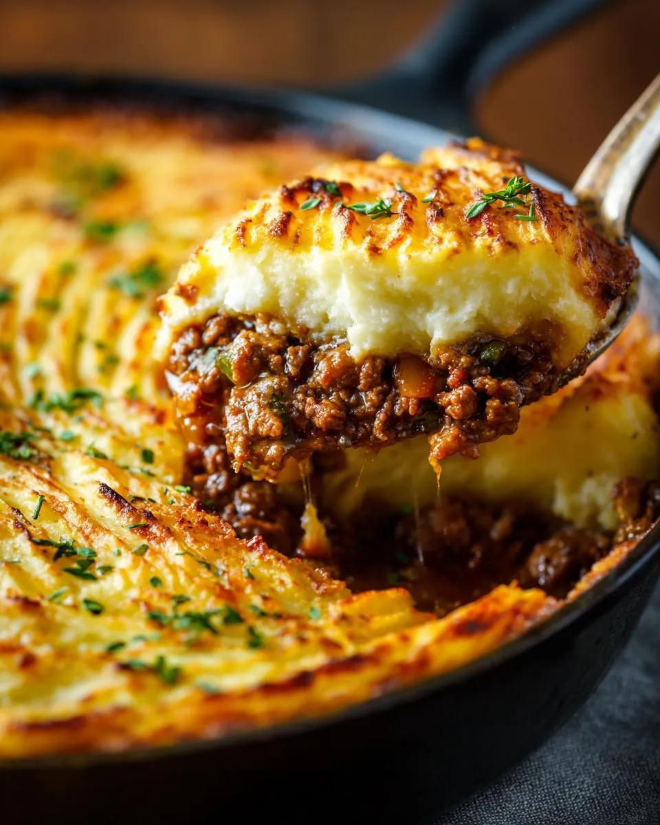 A spoonful of hearty Shepherd's Pie, showing the rich meat filling and golden mashed potato topping.