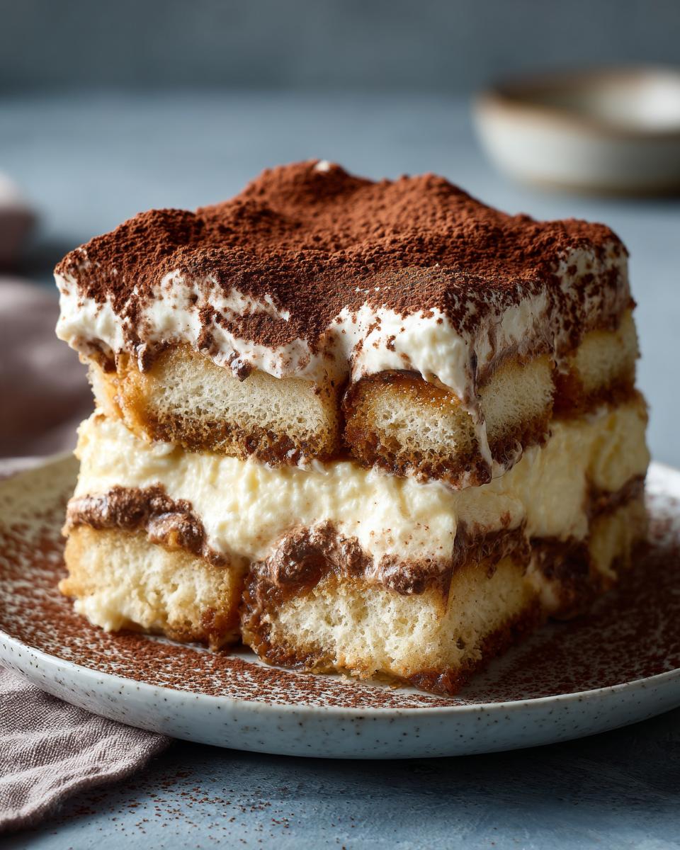 A decadent slice of Tiramisu, layered with ladyfingers, mascarpone cream, and dusted with cocoa powder.