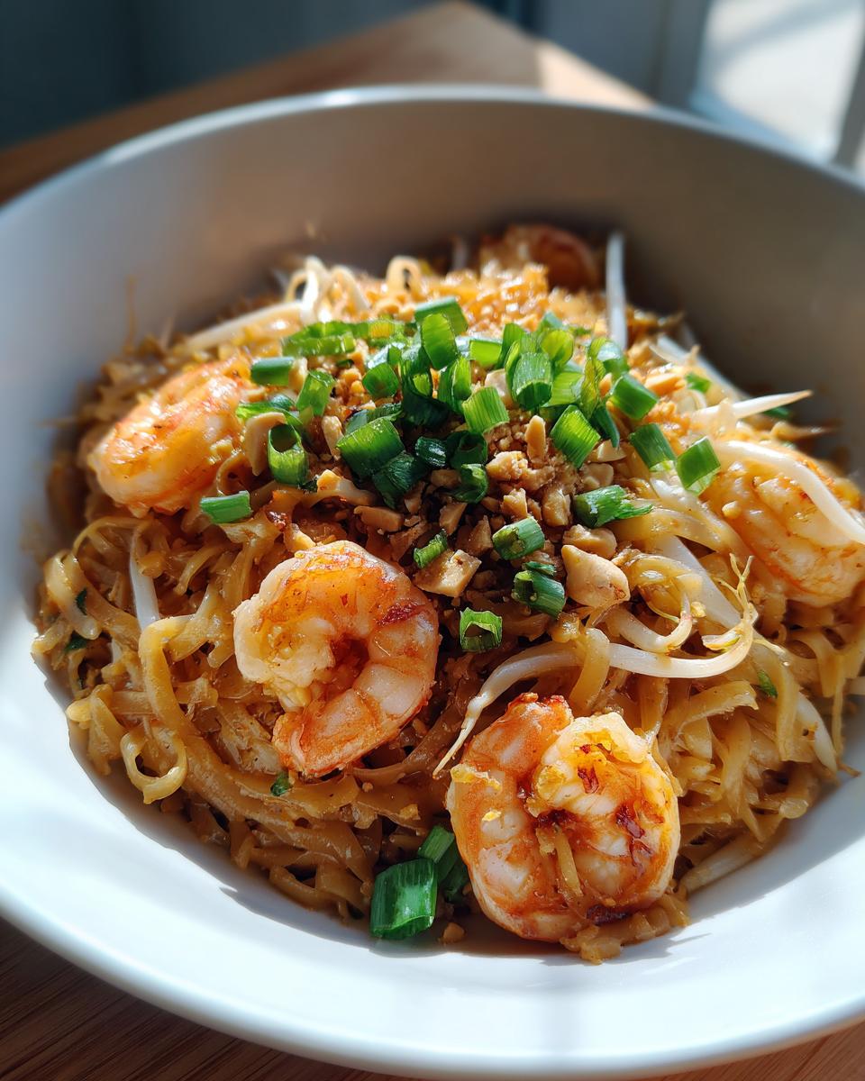 A close-up of a bowl of Pad Thai with shrimp, bean sprouts, chopped peanuts, and green onions.