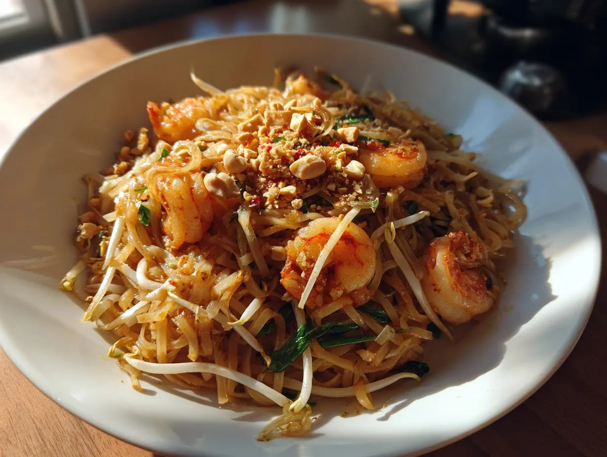 A close-up of a white plate filled with flavorful Pad Thai noodles, succulent shrimp, bean sprouts, and crushed peanuts.