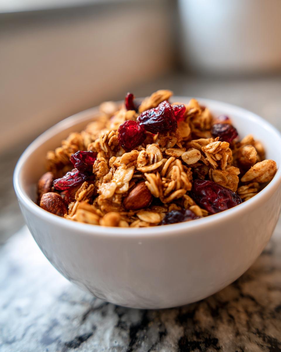A white bowl filled with crunchy granola clusters, featuring dried cranberries and whole almonds.